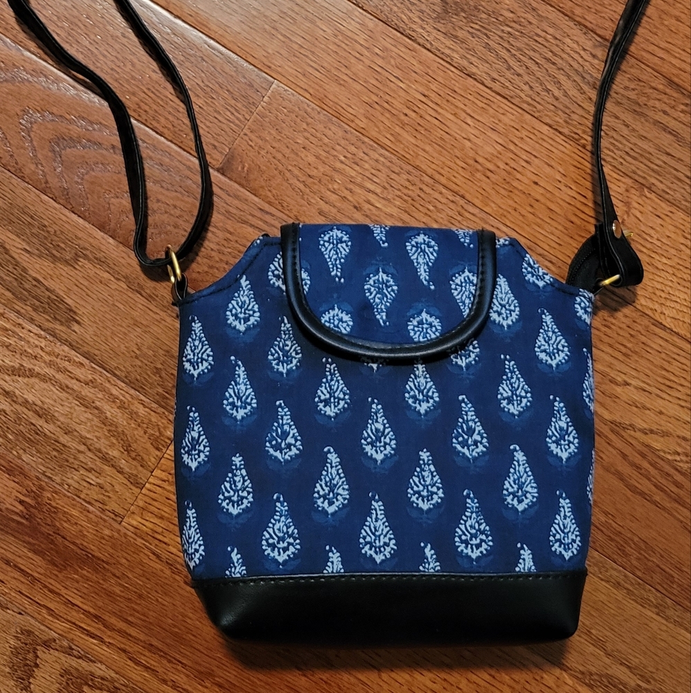 Batik blue Indigo flap top crossbody Indian adjustable purse with zippers